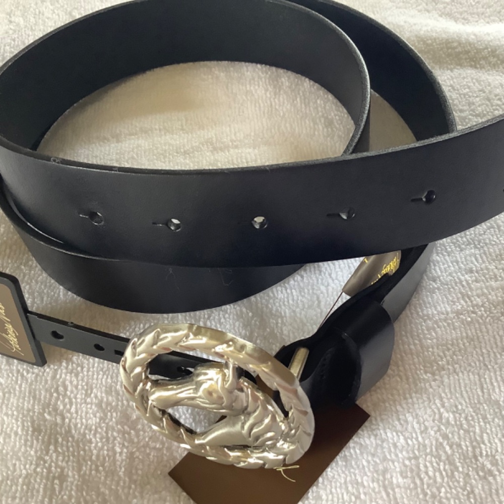 Patricia Nash Leather Morely Horse Buckle Belt Black SZ Large - Picture 4 of 8